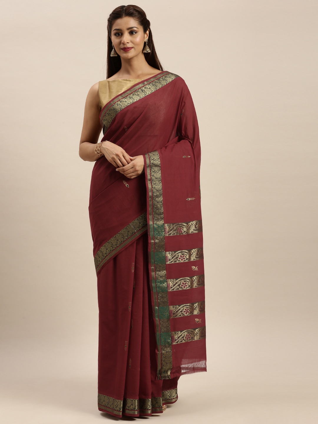 

APCO Maroon & Gold-Toned Pure Cotton Woven Design Sustainable Saree