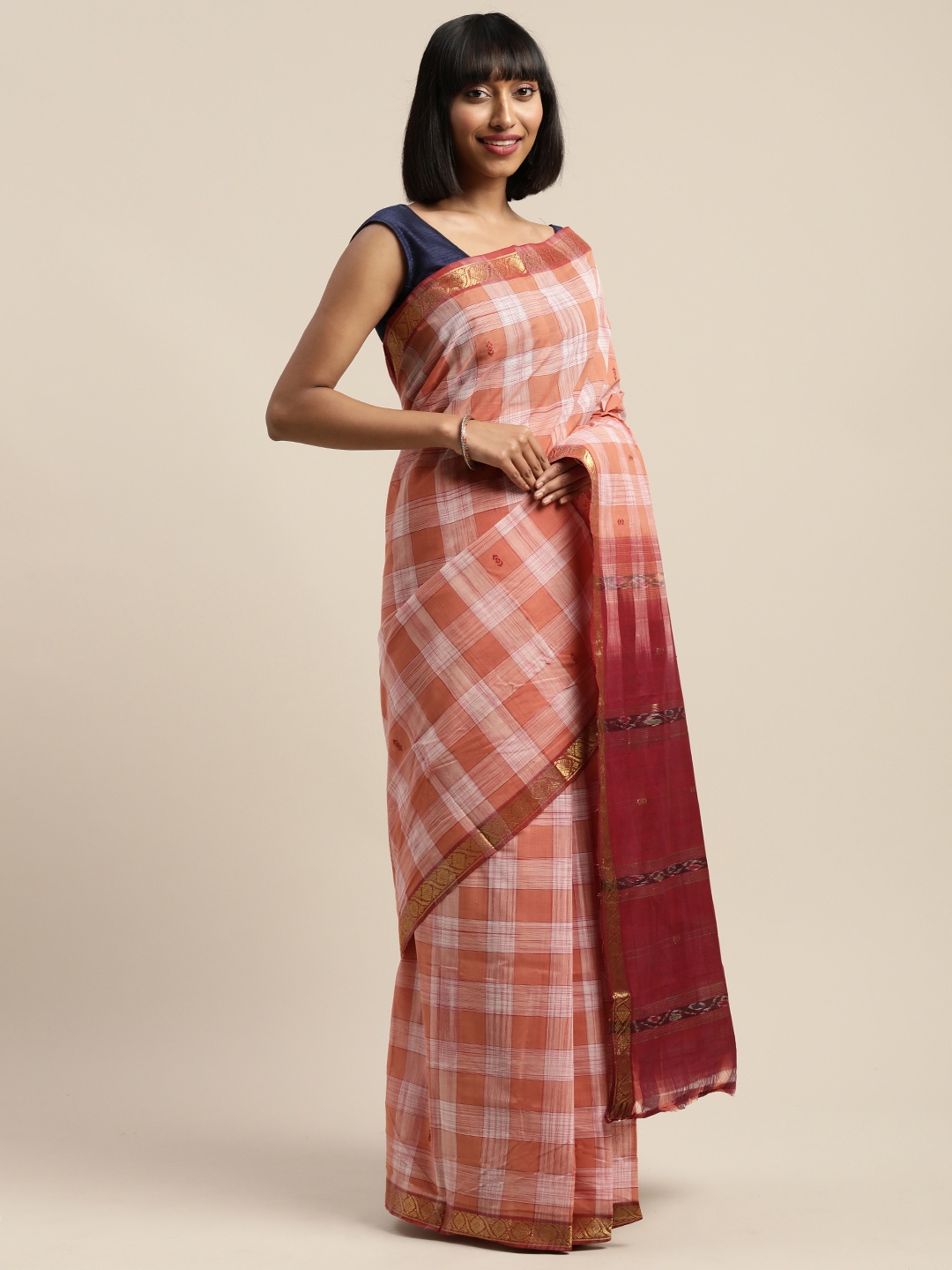 

APCO Orange & White Pure Cotton Checked Sustainable Saree