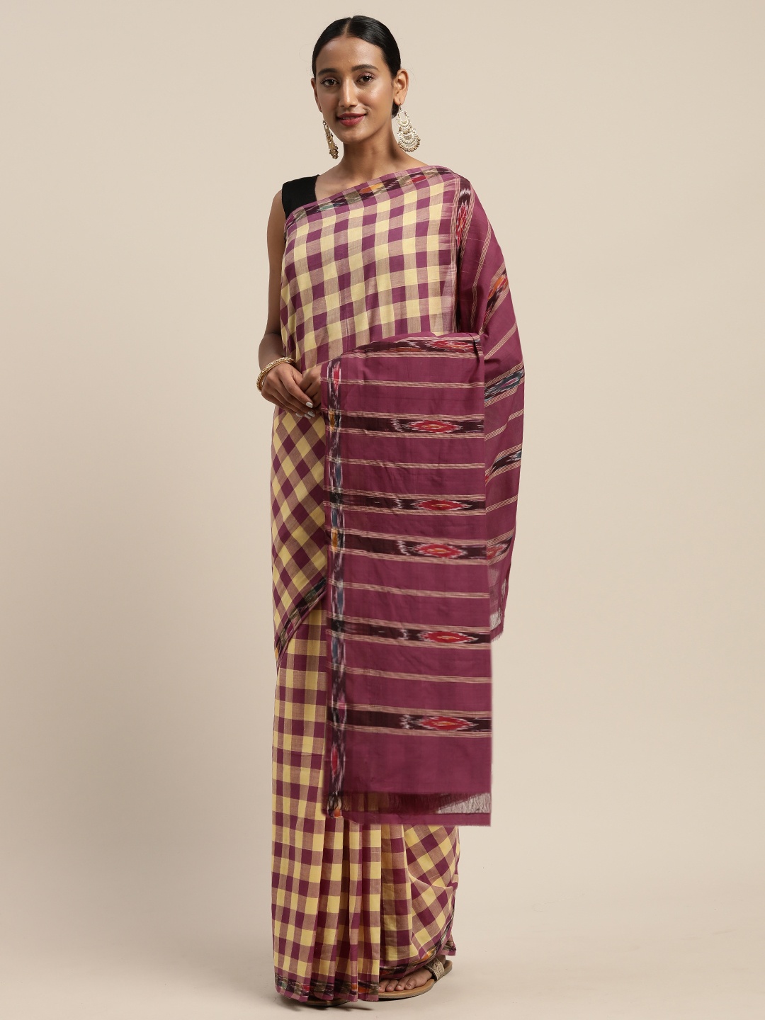

APCO Magenta Pink & Yellow Pure Cotton Checked Sustainable Saree