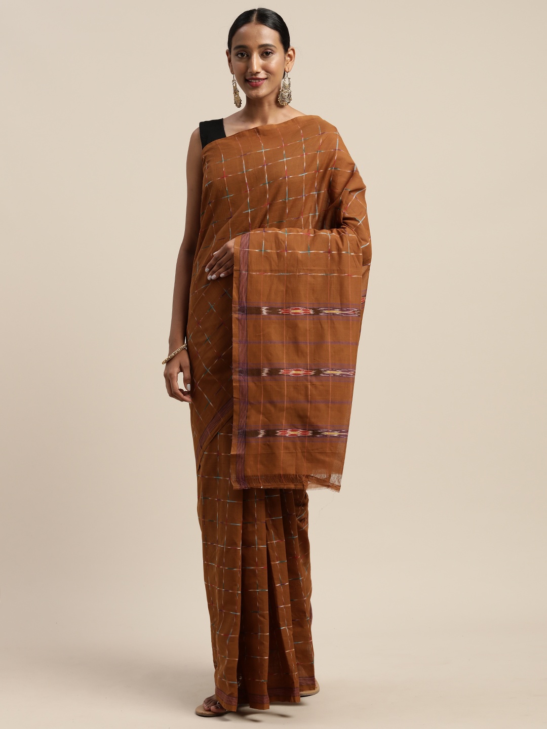 

APCO Brown Checked Pure Cotton Sustainable Saree
