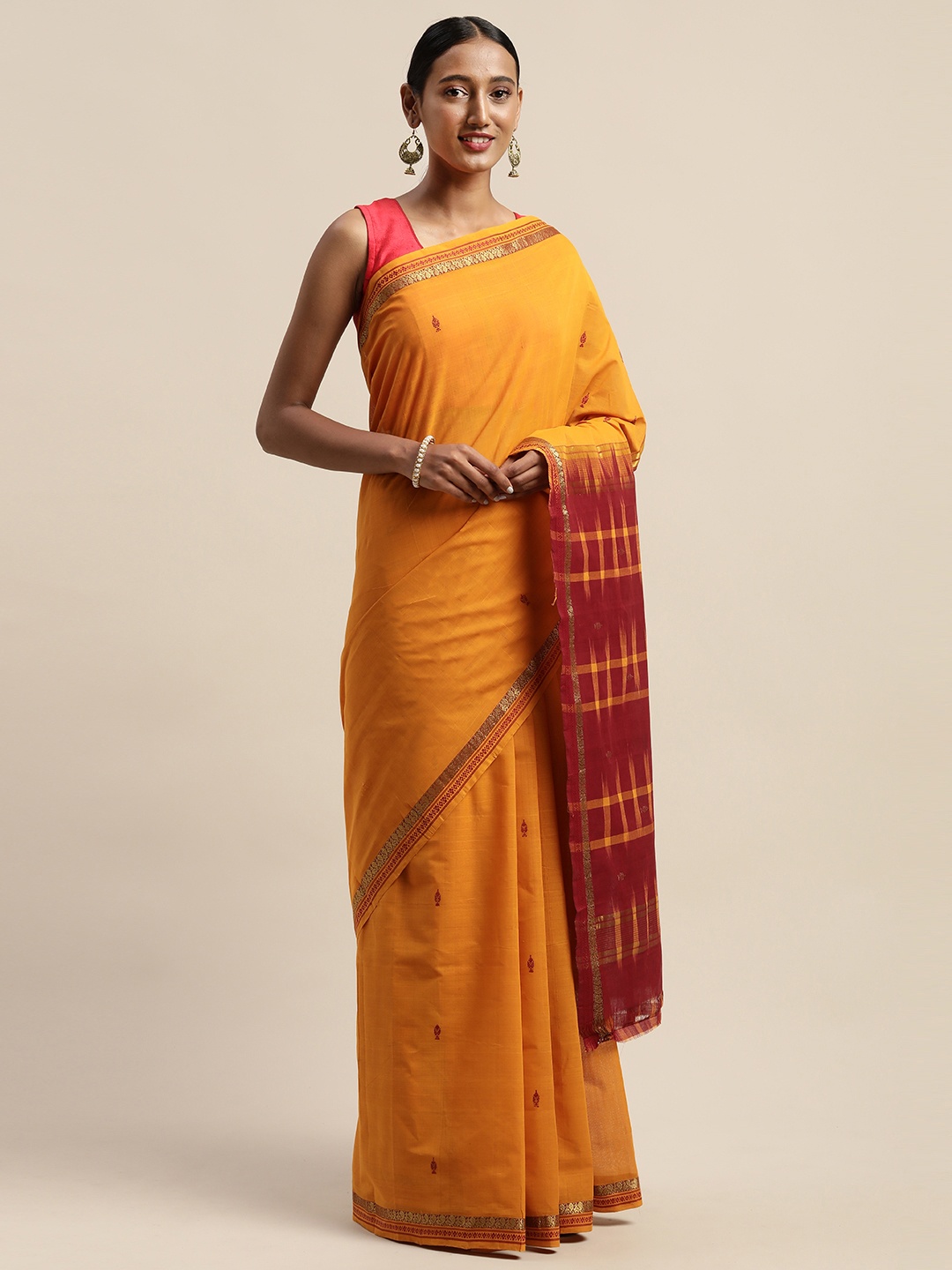 

APCO Mustard Yellow & Maroon Pure Cotton Woven Design Sustainable Saree