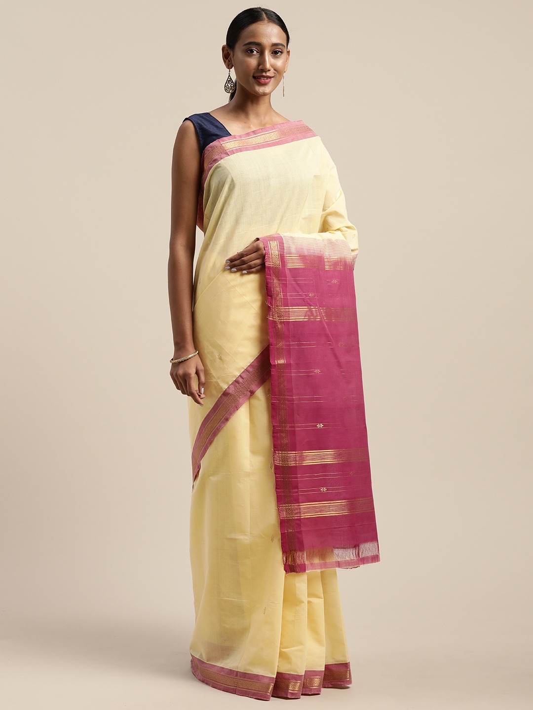

APCO Cream-Coloured & Gold-Toned Pure Cotton Woven Design Sustainable Saree