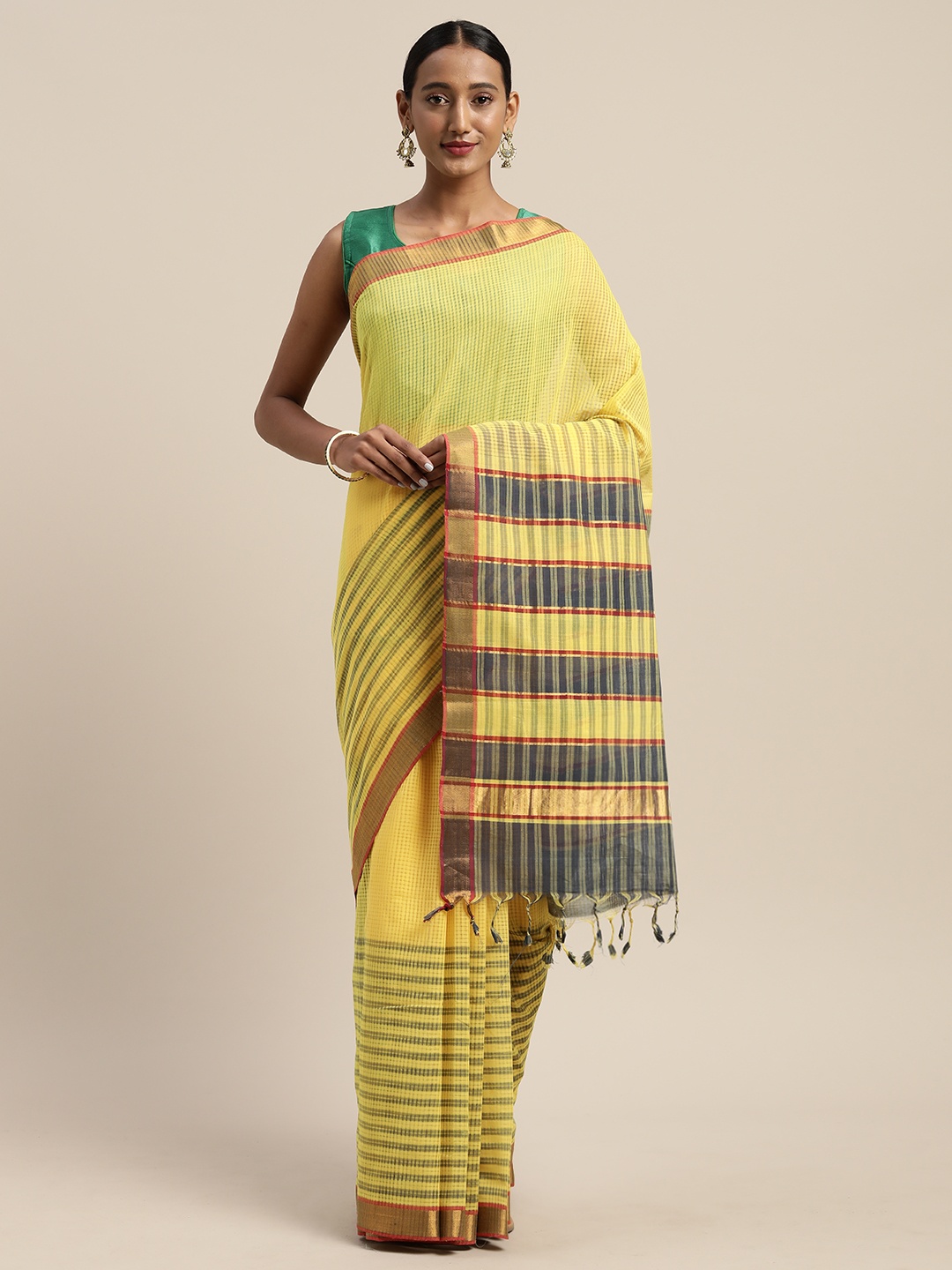 

APCO Yellow & Navy Blue Pure Cotton Striped Mangalagiri Sustainable Saree