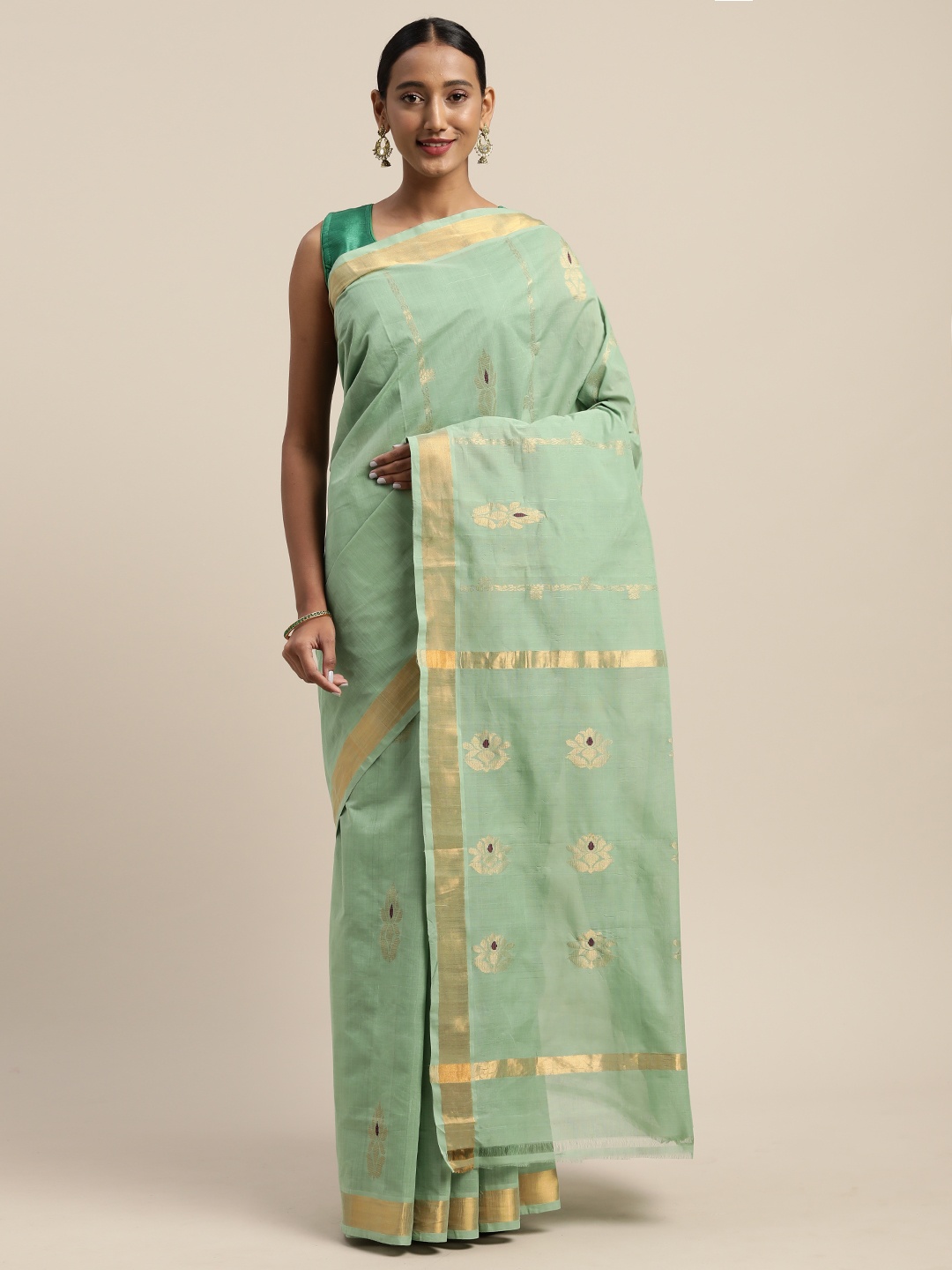 

APCO Sea Green & Gold-Toned Pure Cotton Woven Design Sustainable Saree