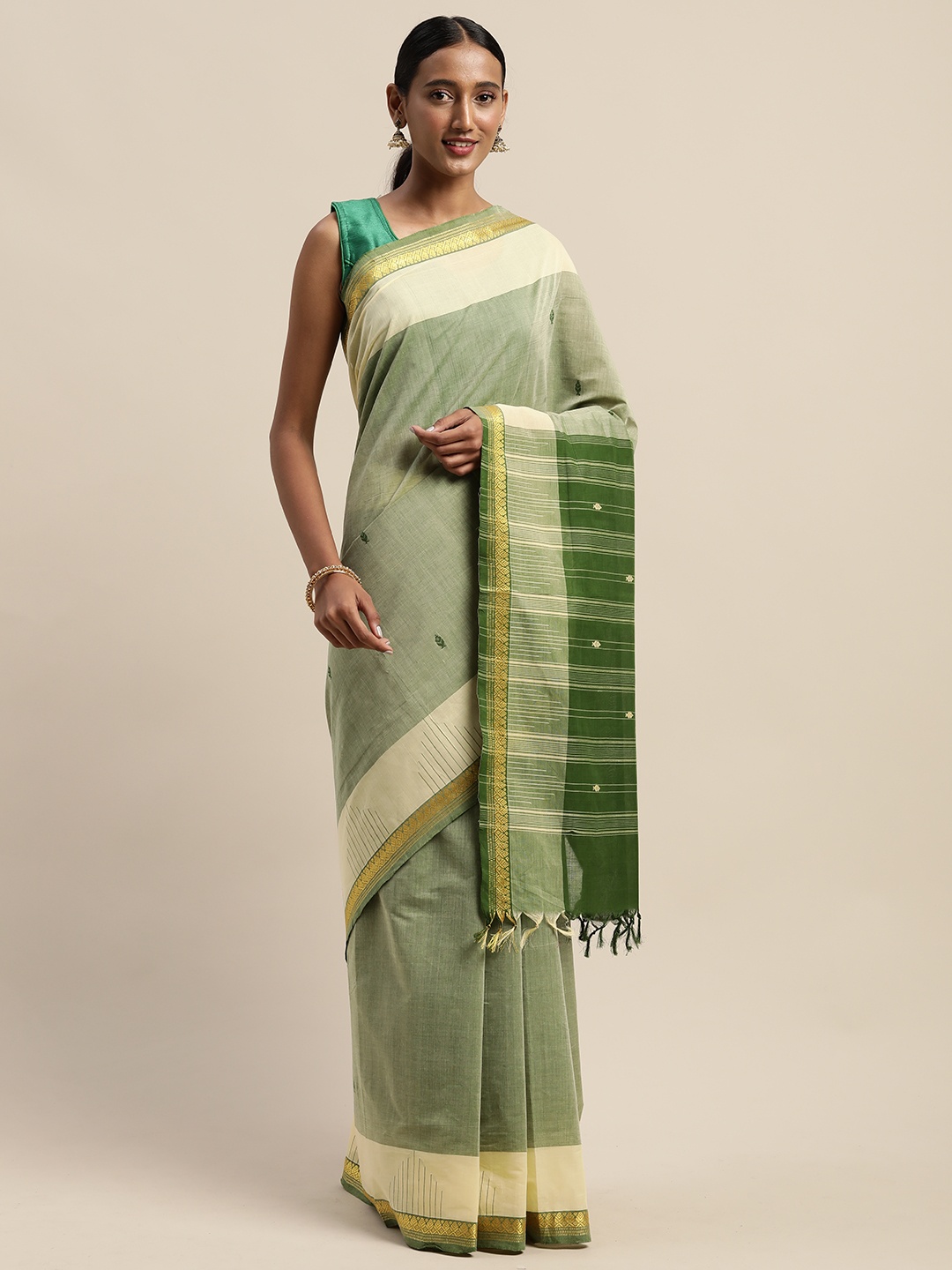 

APCO Green & Off-White Pure Cotton Woven Design Sustainable Saree