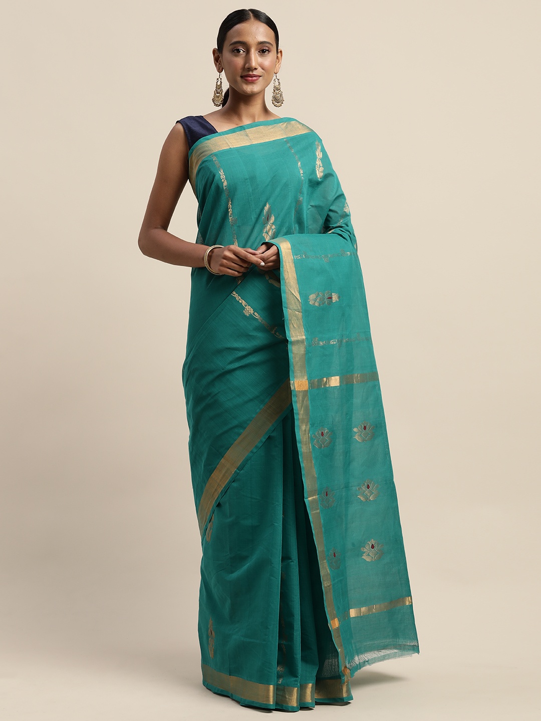 

APCO Teal Green & Golden Pure Cotton Woven Design Sustainable Saree