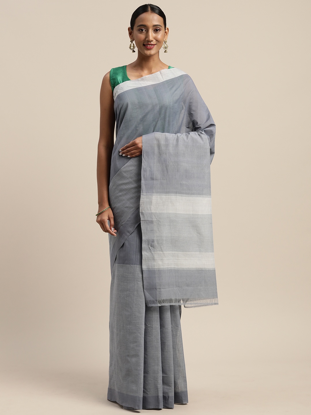 

APCO Grey & White Pure Cotton Striped Sustainable Saree