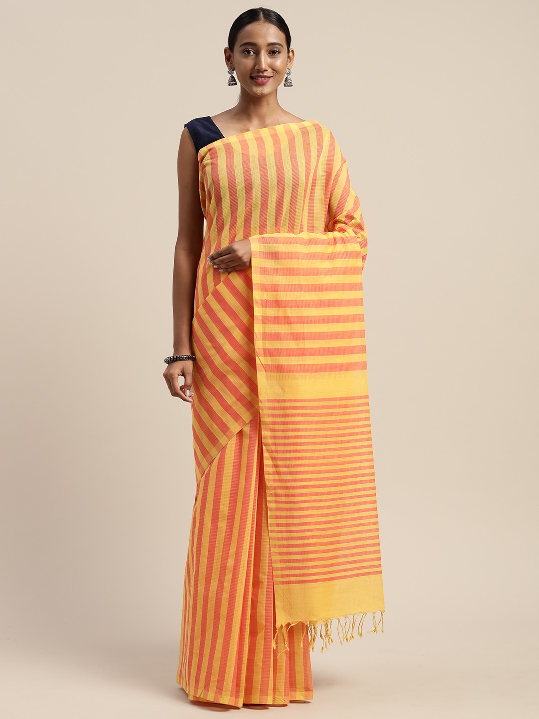 

APCO Yellow & Orange Pure Cotton Striped Sustainable Saree
