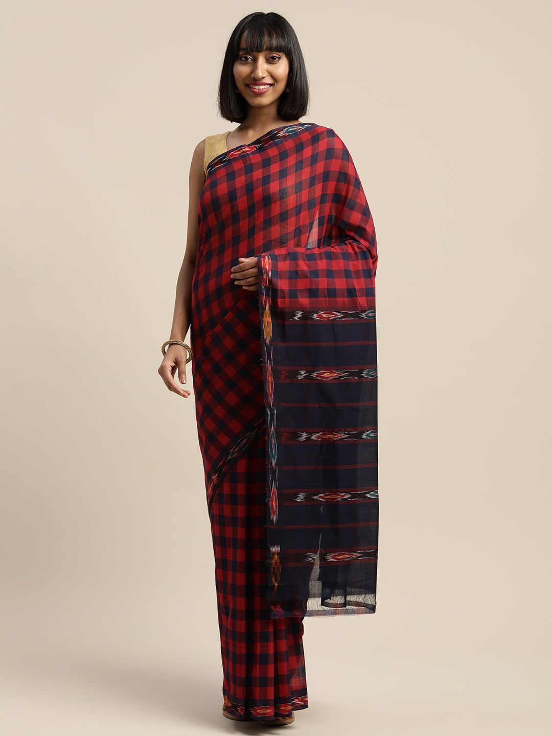 

APCO Navy Blue & Red Pure Cotton Checked Saree