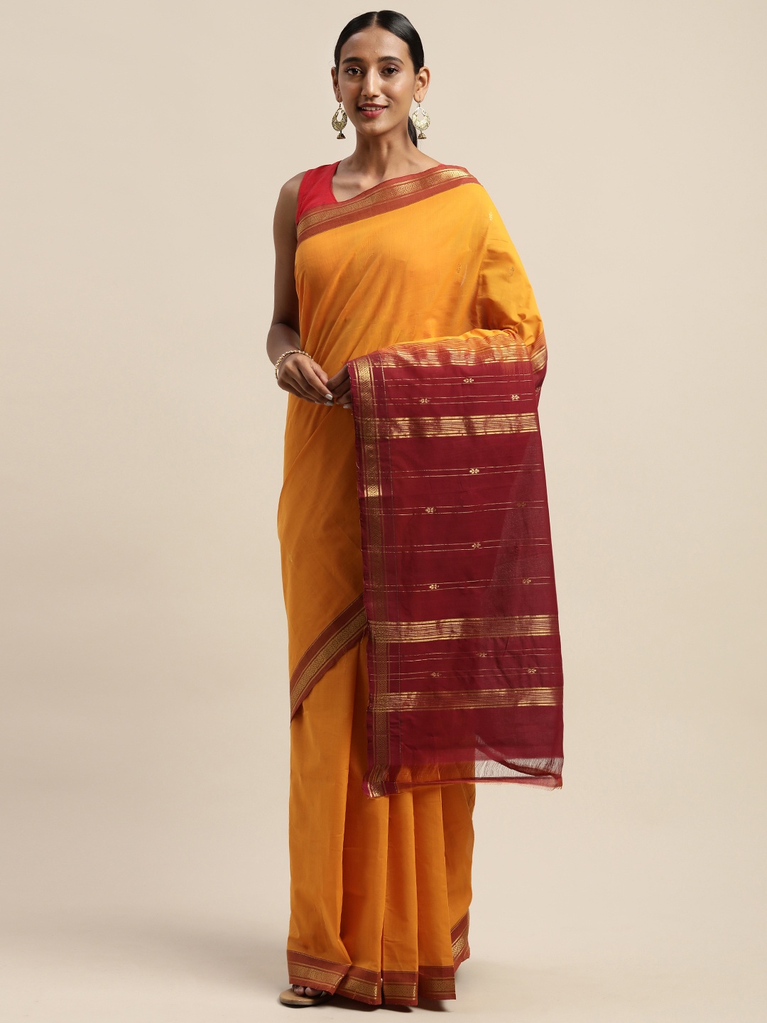 

APCO Mustard Yellow & Maroon Pure Cotton Woven Design Sustainable Saree