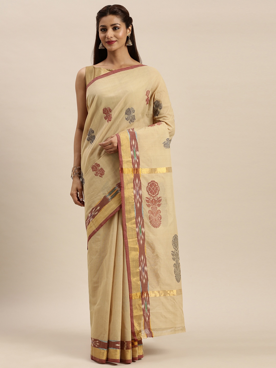 

APCO Beige & Maroon Pure Cotton Woven Design Sustainable Saree