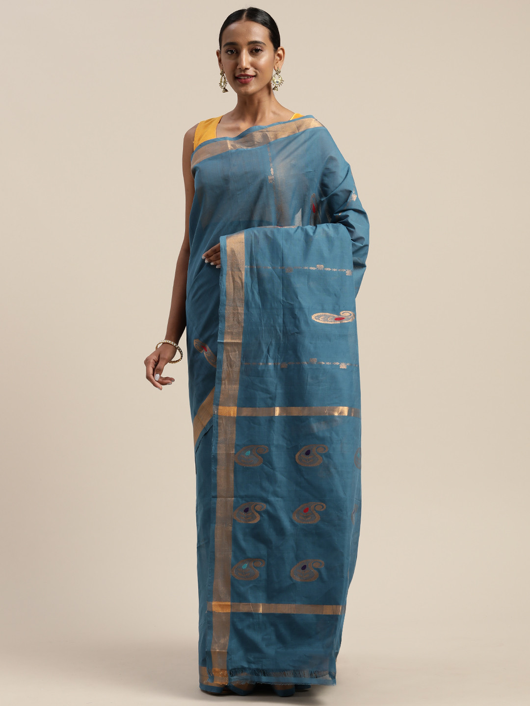

APCO Teal & Gold-Toned Pure Cotton Woven Design Saree