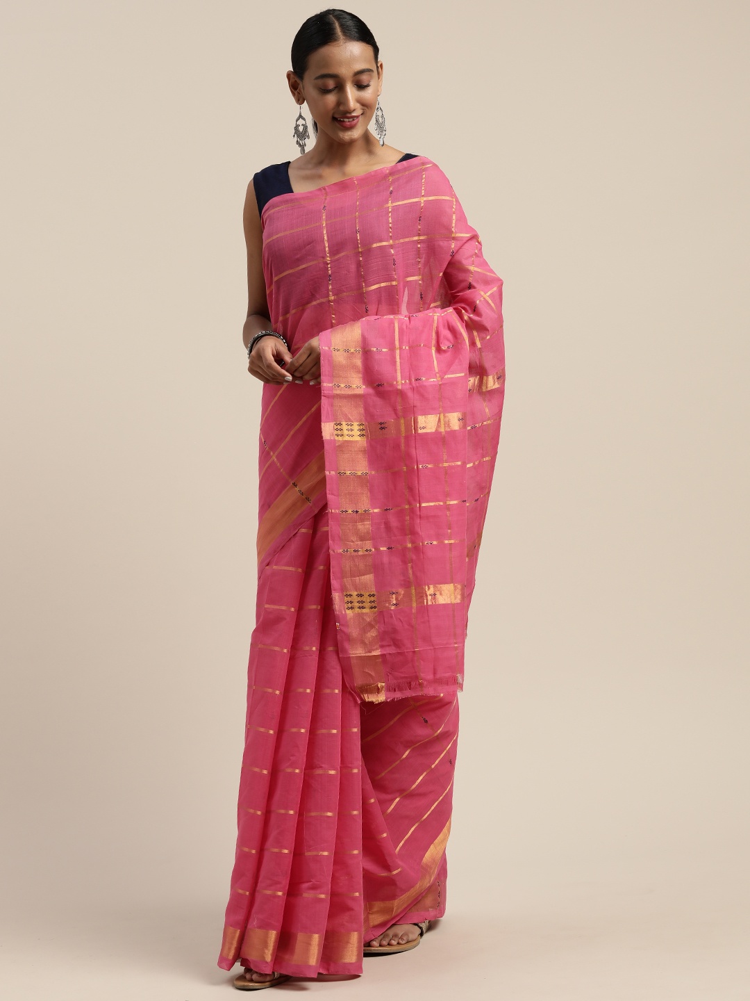 

APCO Pink & Gold-Toned Pure Cotton Checked Sustainable Saree