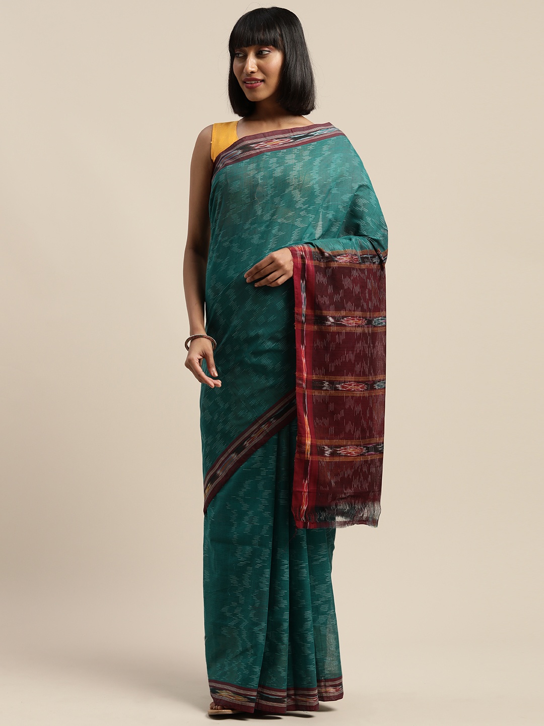 

APCO Teal Green & Maroon Pure Cotton Printed Sustainable Saree