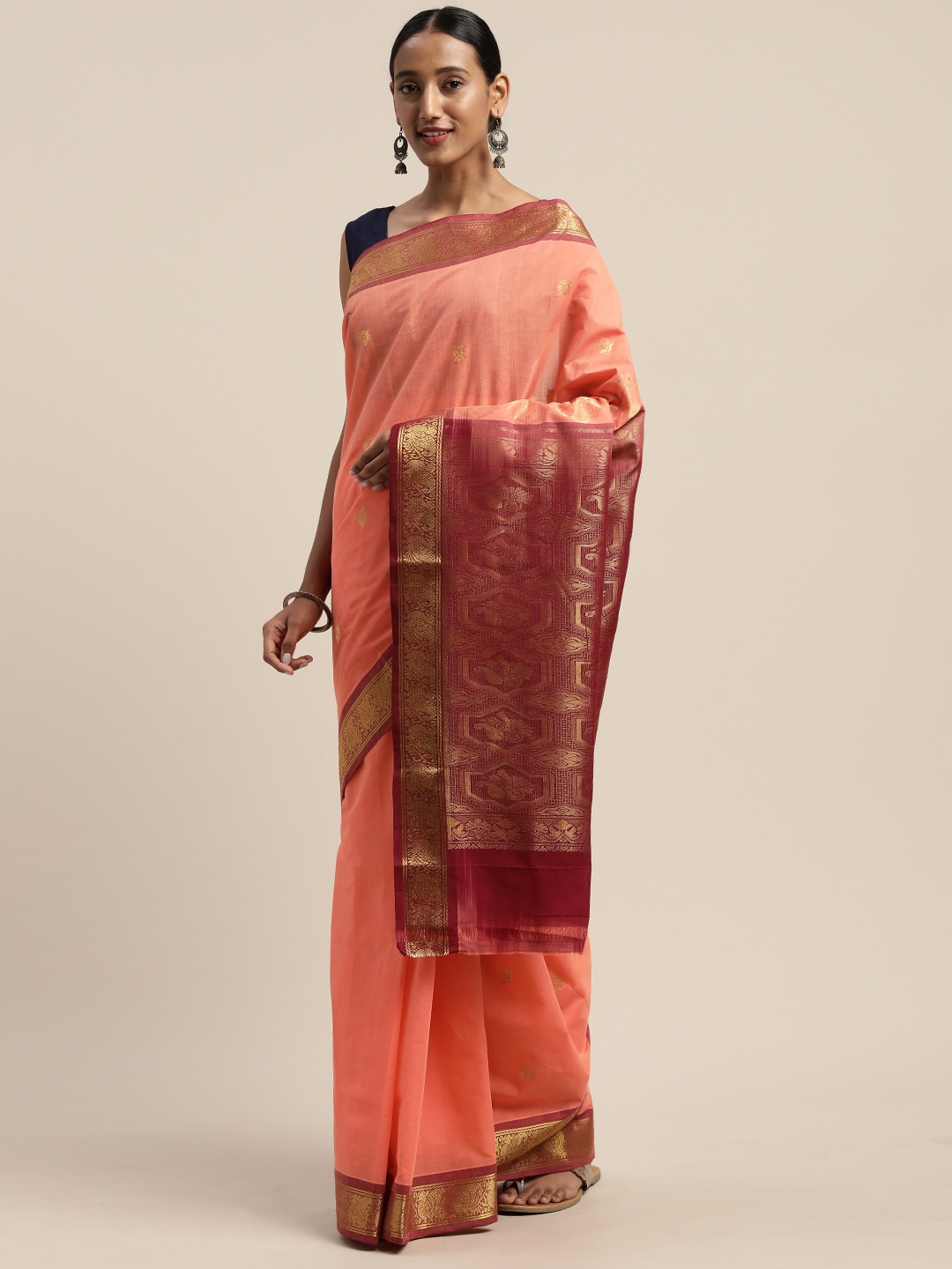 

APCO Peach-Coloured & Maroon Pure Cotton Woven Design Sustainable Saree