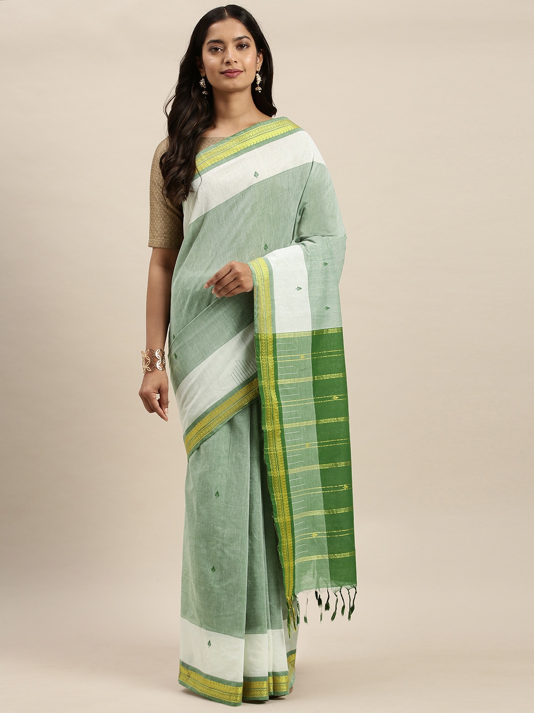 

APCO Green & White Pure Cotton Woven Design Sustainable Saree