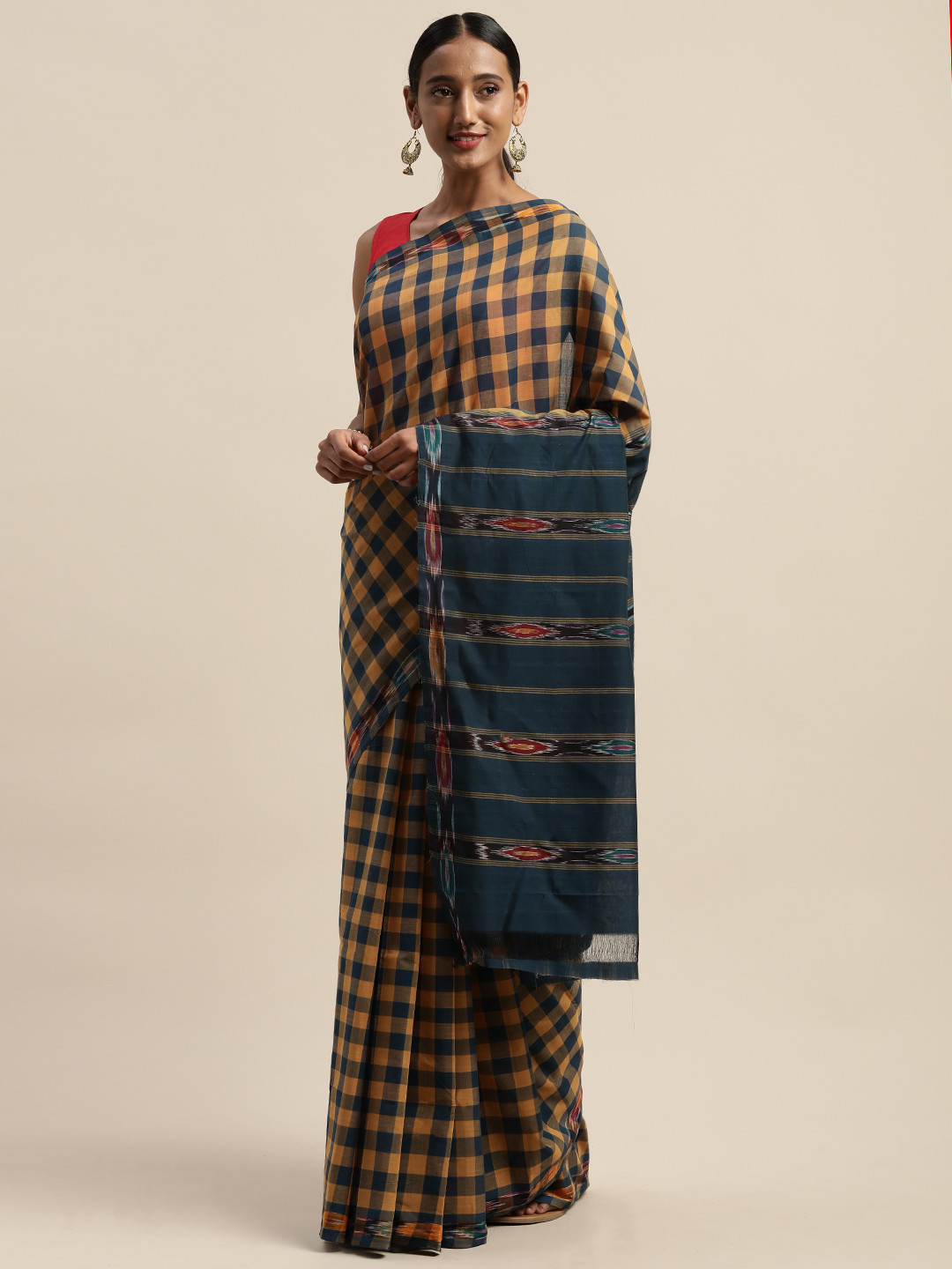

APCO Navy Blue & Yellow Pure Cotton Checked Sustainable Saree