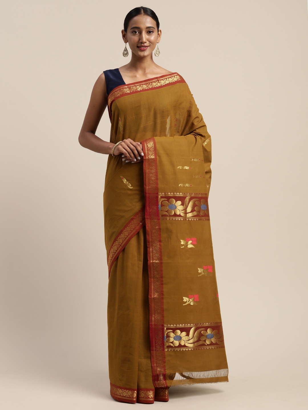 

APCO Khaki & Gold-Toned Pure Cotton Woven Design Sustainable Saree