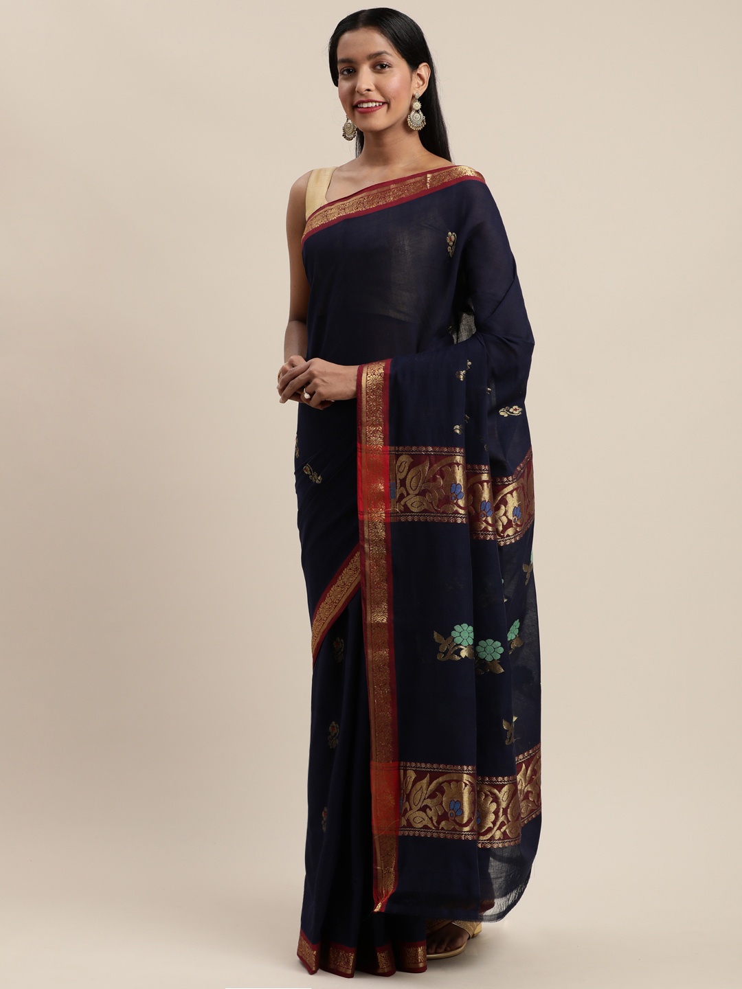 

APCO Navy Blue Woven Design Pure Cotton Saree