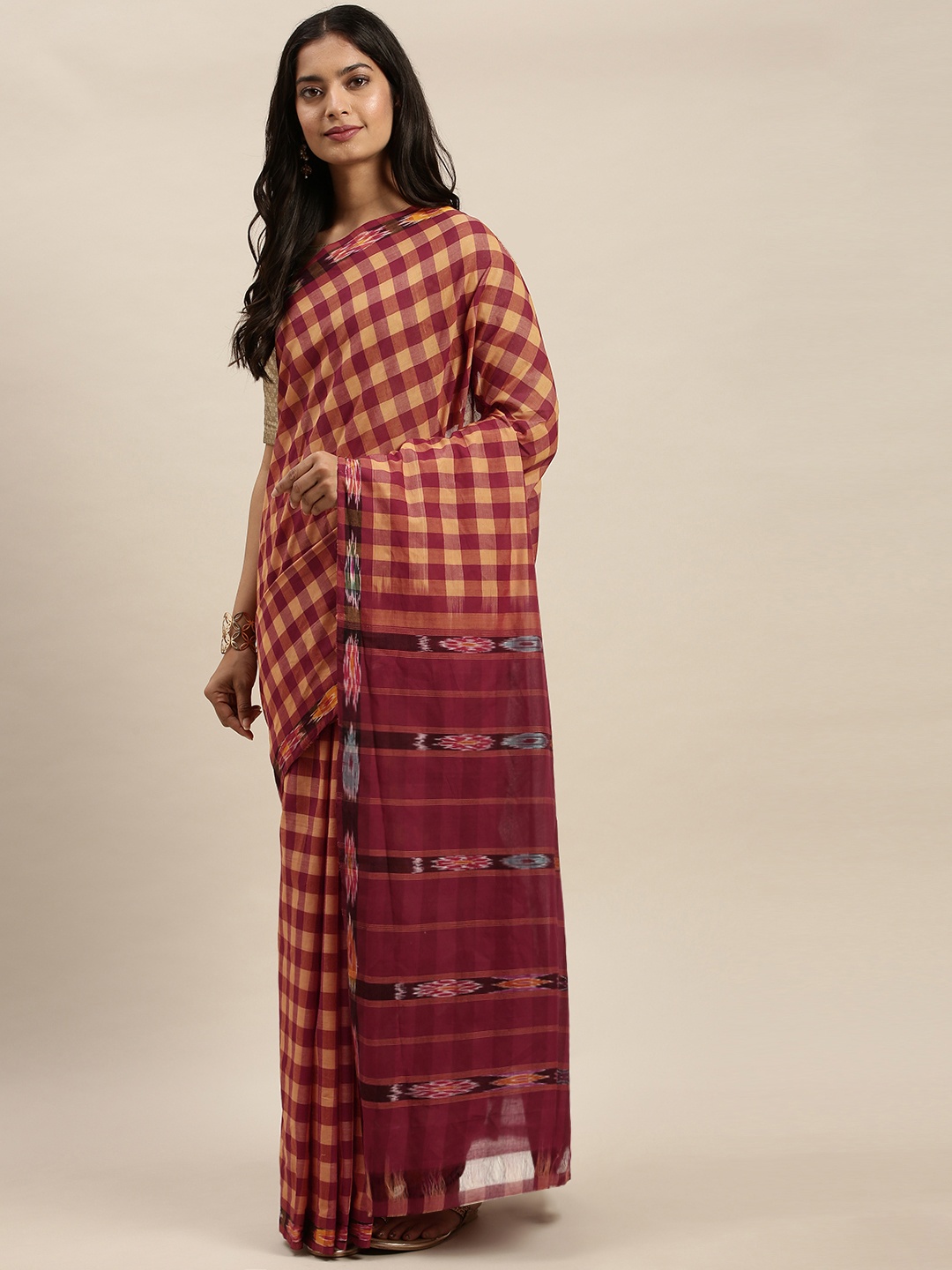 

APCO Maroon & Yellow Pure Cotton Checked Sustainable Saree