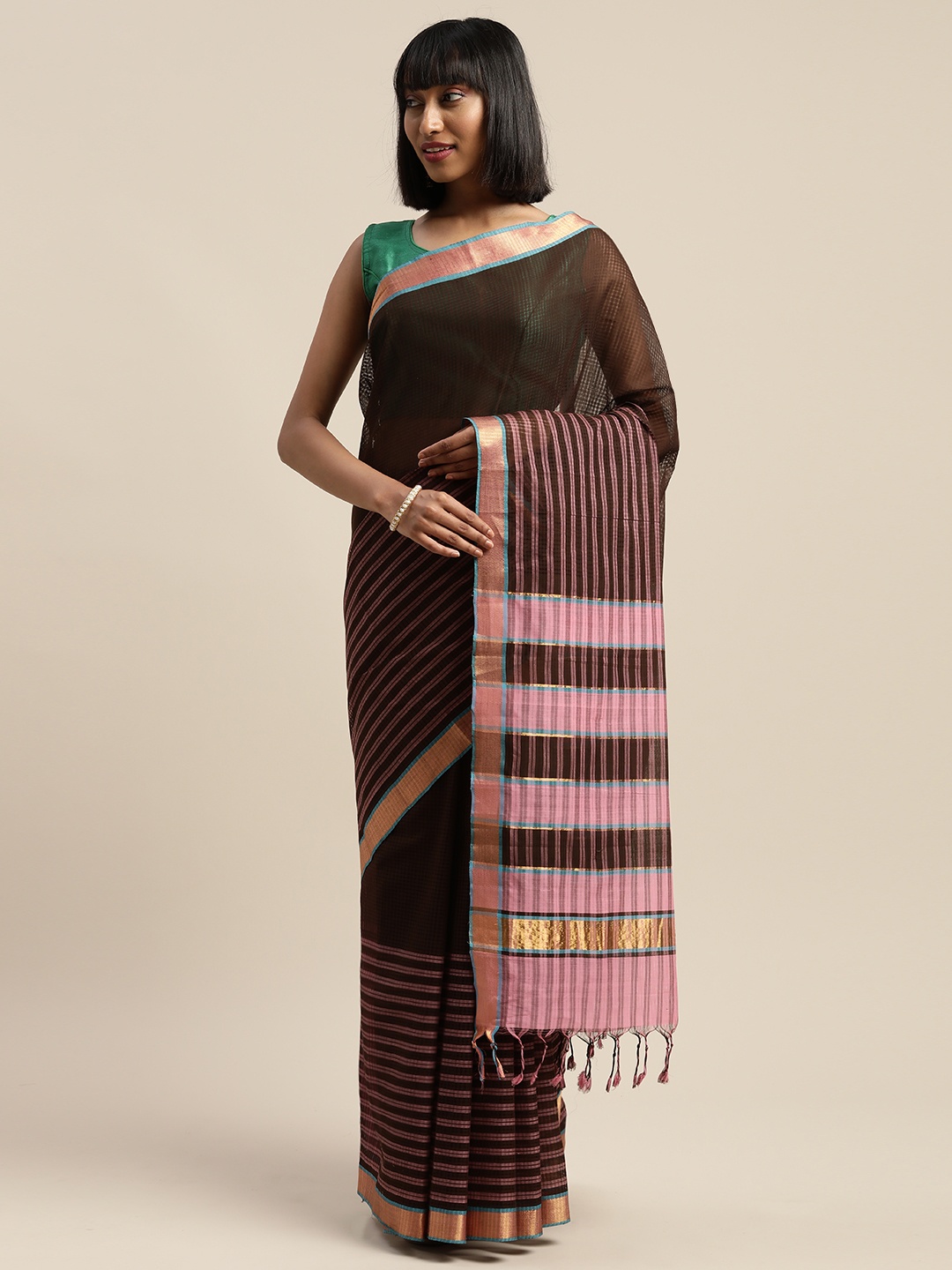 

APCO Coffee Brown & Pink Pure Cotton Striped Mangalagiri Sustainable Saree