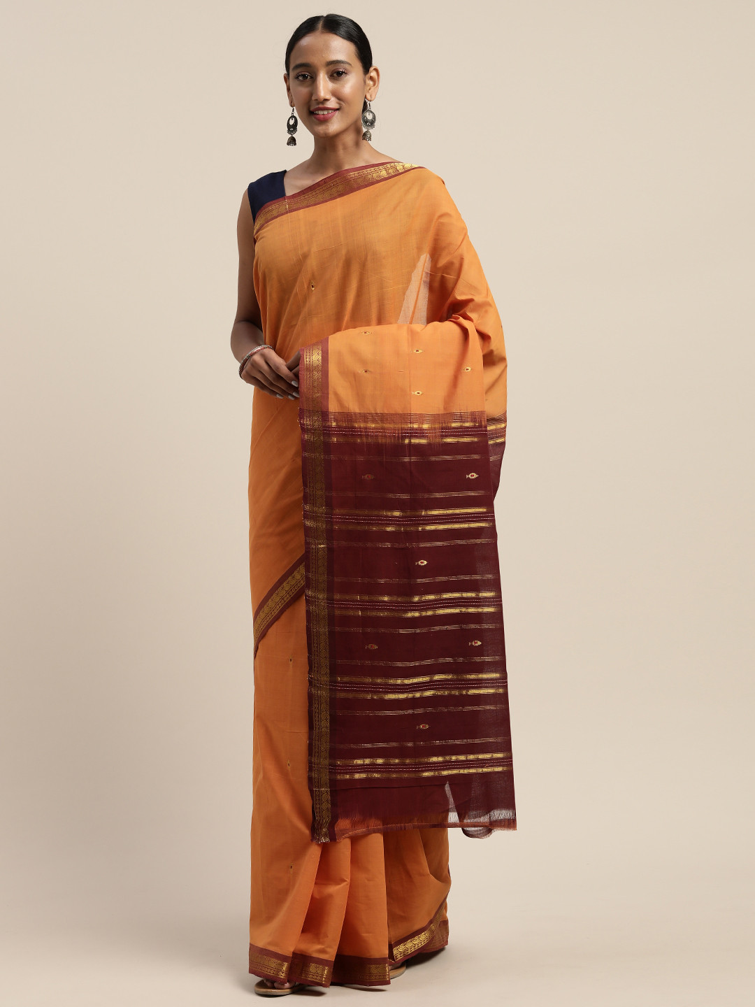 

APCO Coral Orange & Maroon Pure Cotton Woven Design Saree