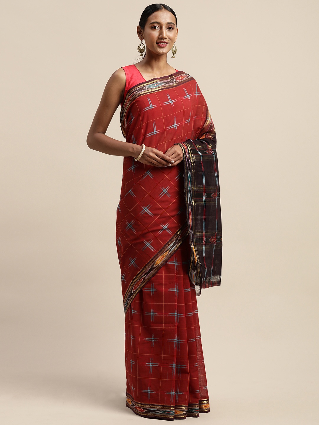 

APCO Red & Blue Pure Cotton Checked Sustainable Saree