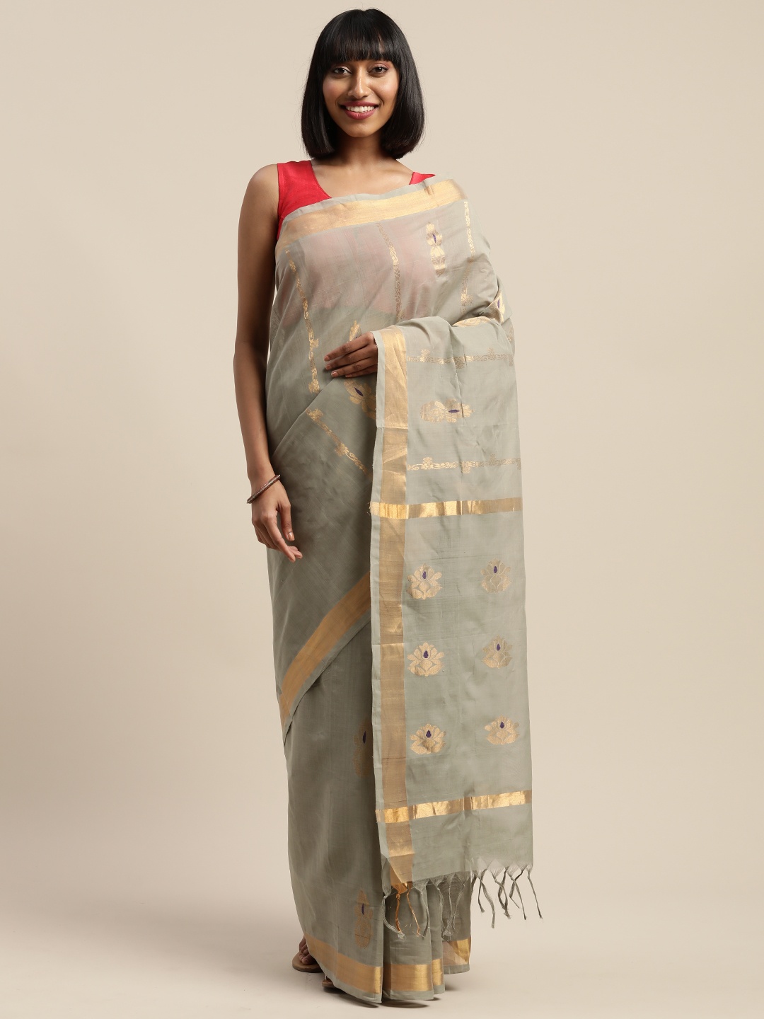 

APCO Grey & Gold-Toned Pure Cotton Woven Design Sustainable Saree