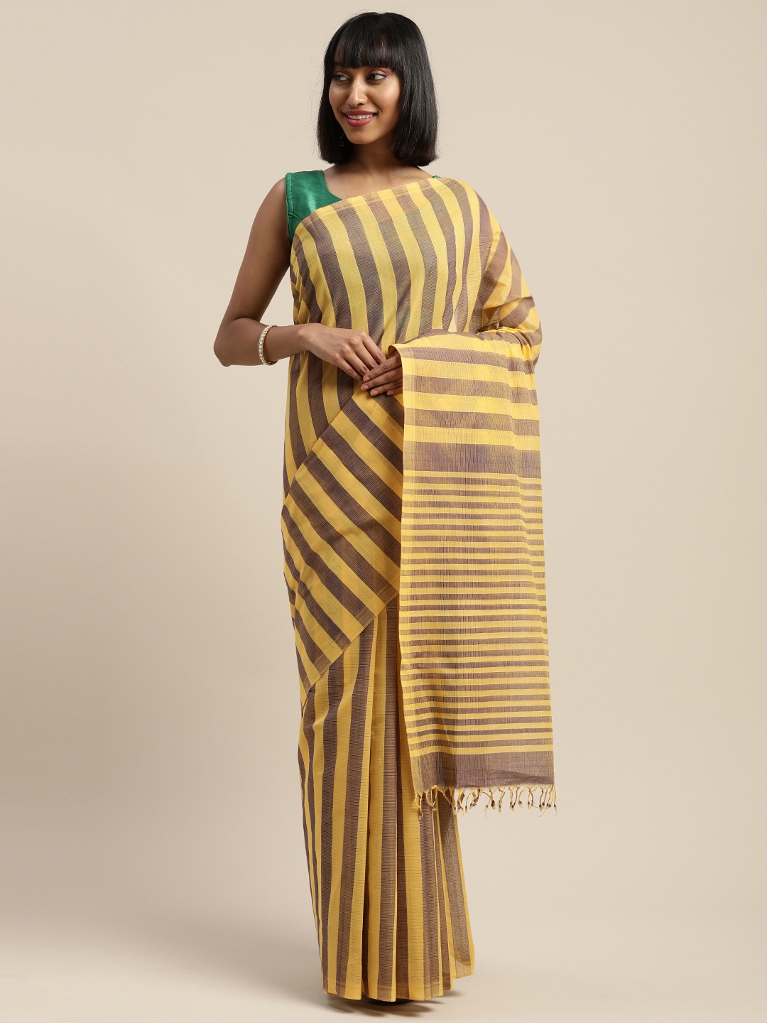 

APCO Yellow & Blue Pure Cotton Striped Narayan Peth Saree