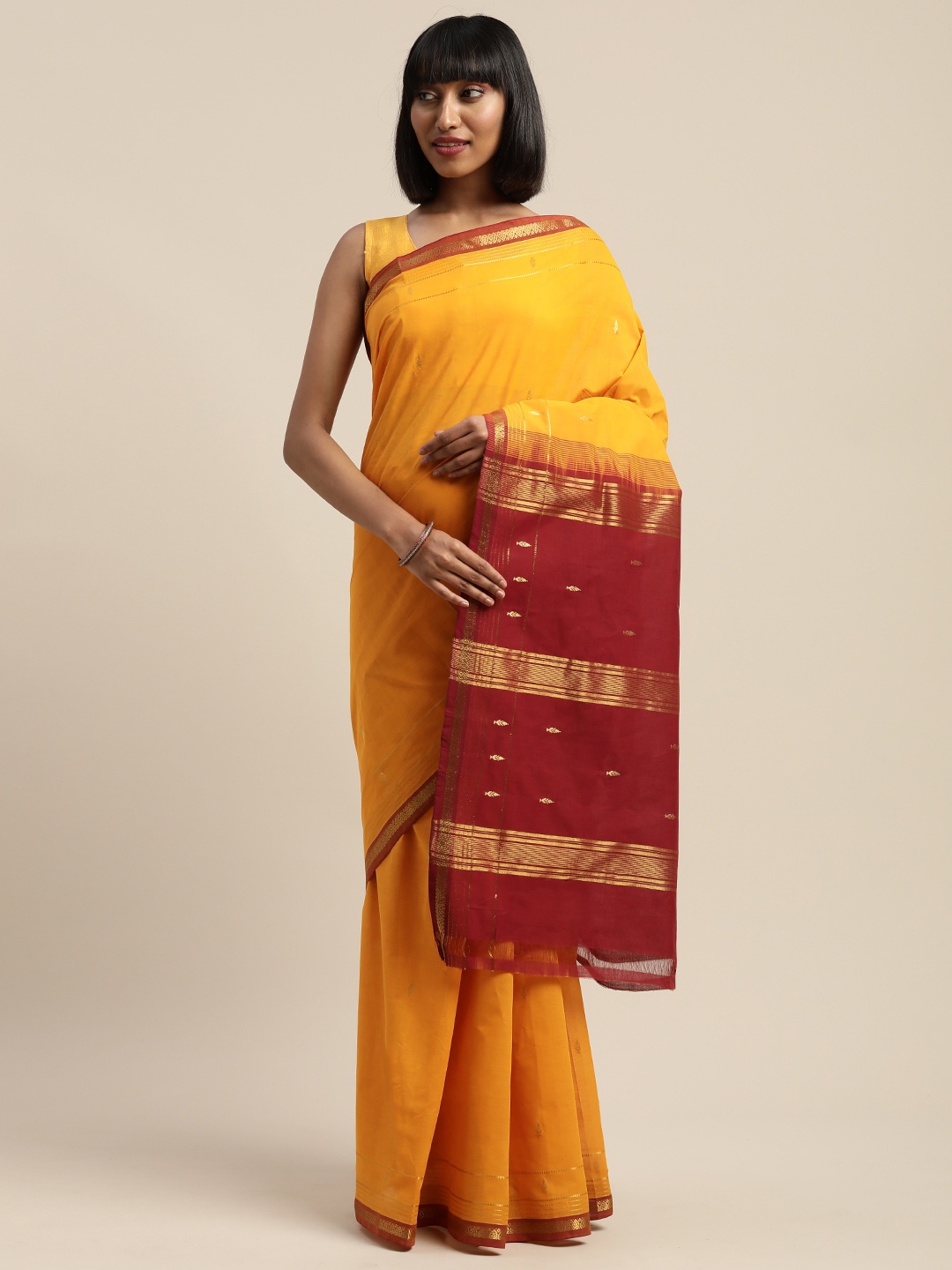 

APCO Mustard Yellow & Maroon Pure Cotton Woven Design Sustainable Saree