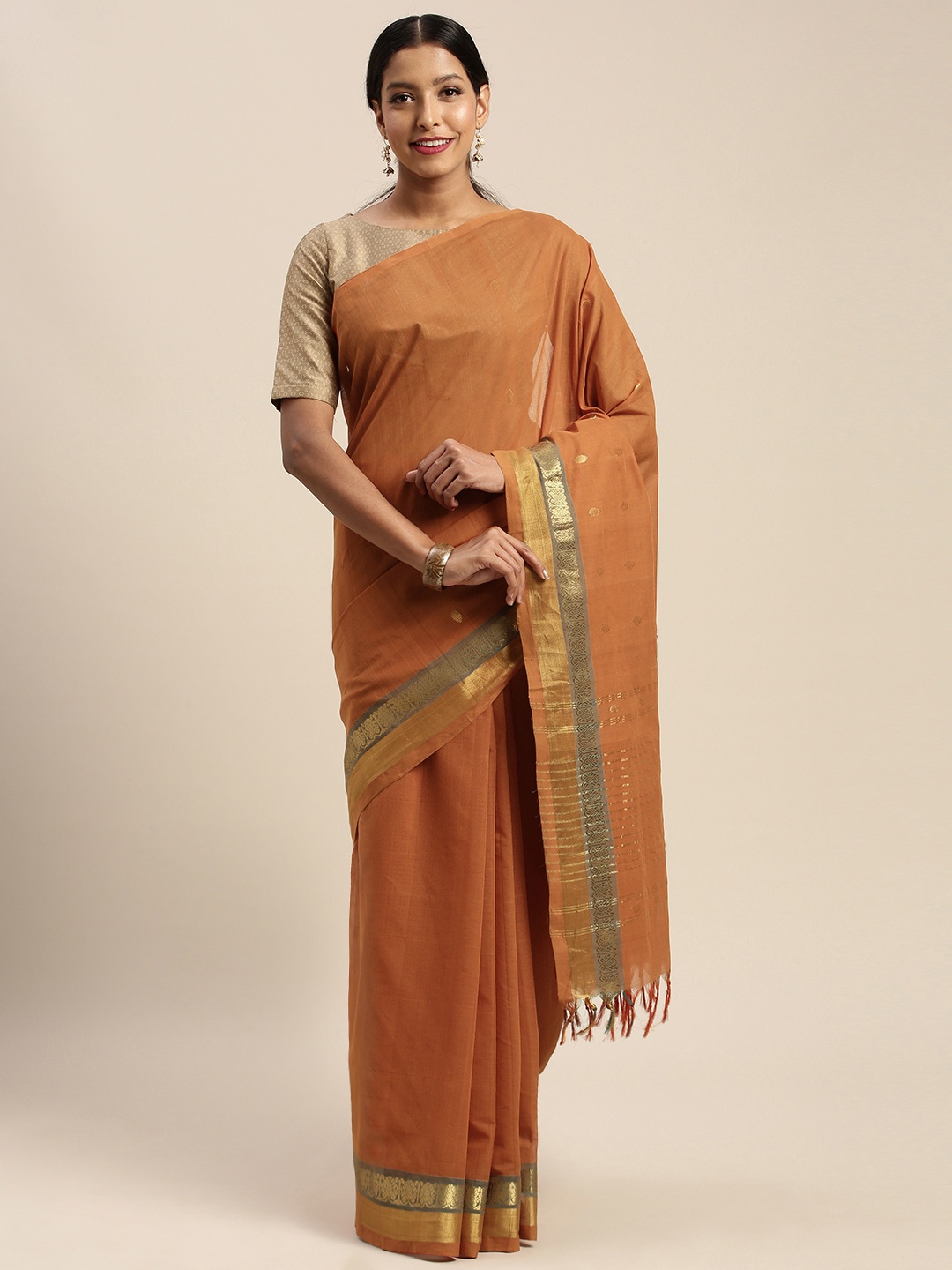 

APCO Rust Orange & Gold-Toned Woven Design Pure Cotton Sustainable Saree
