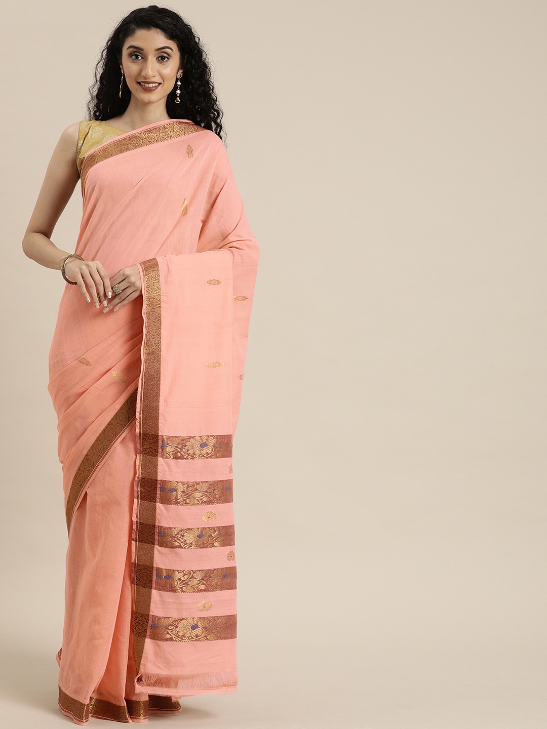 

APCO Peach-Coloured & Gold-Toned Woven-Design Pure Cotton Sustainable Saree