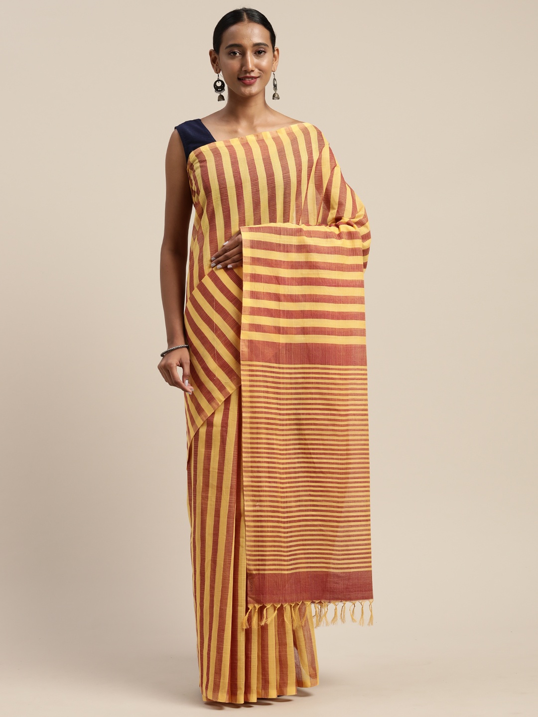 

APCO Mustard Yellow & Maroon Pure Cotton Striped Narayan Peth Saree