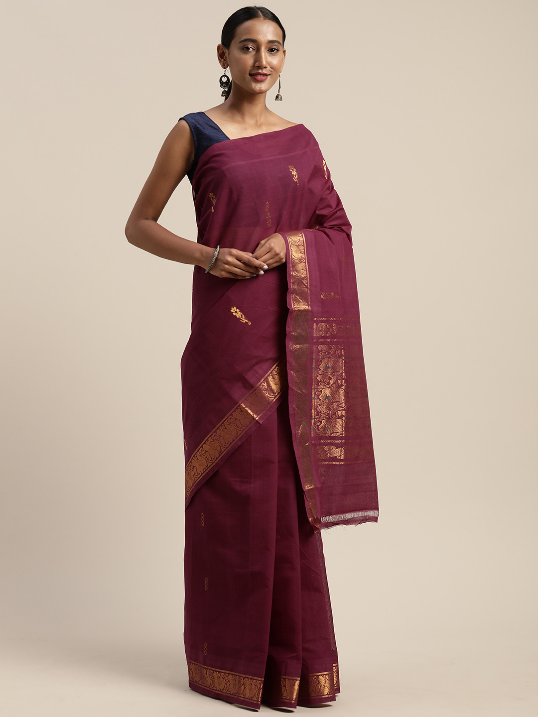 

APCO Violet & Gold-Toned Pure Cotton Woven Design Narayan Peth Saree
