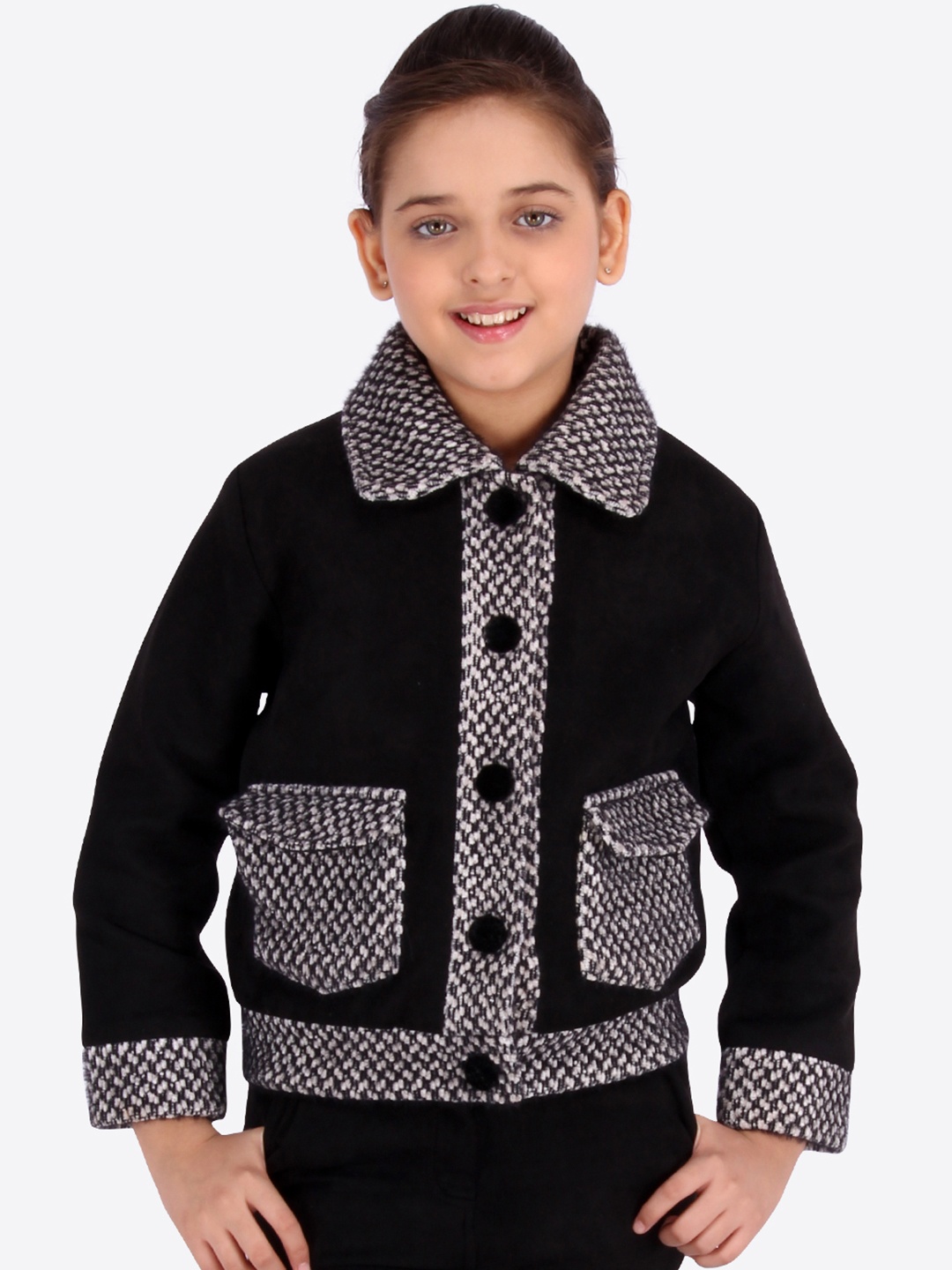 

CUTECUMBER Girls Black Checked Full Sleeves Winter Coat