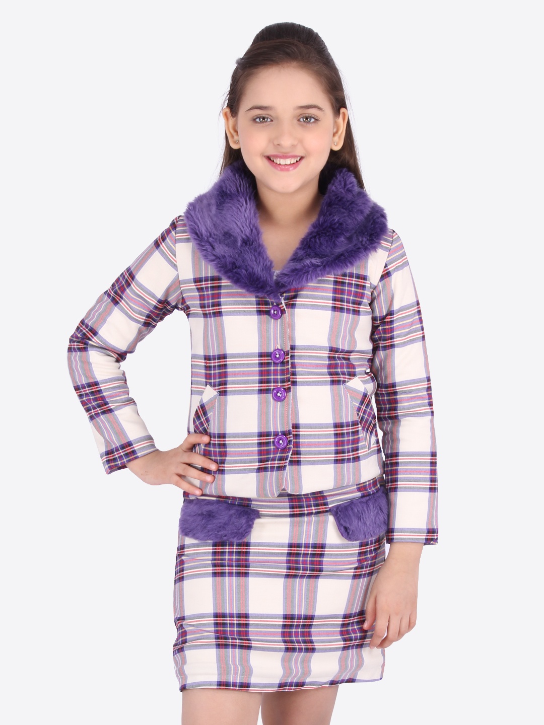 

CUTECUMBER Girls Purple & Beige Checked Coat with Skirt