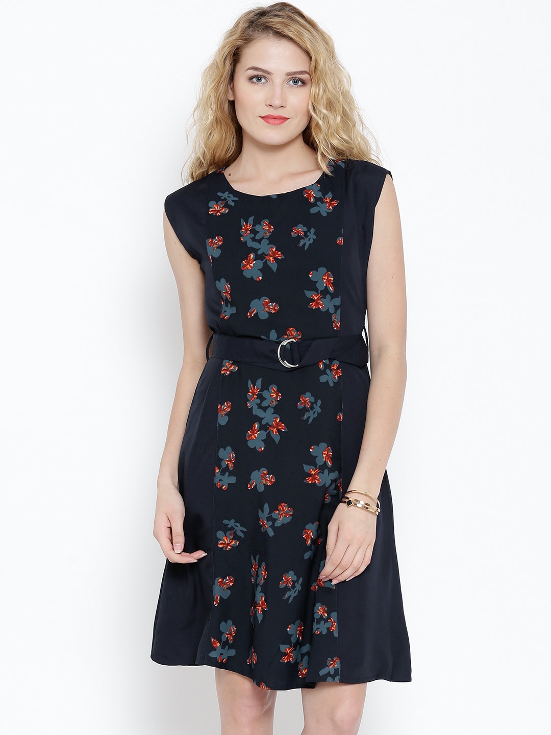 

Tokyo Talkies Navy Floral Print Belted Dress, Navy blue