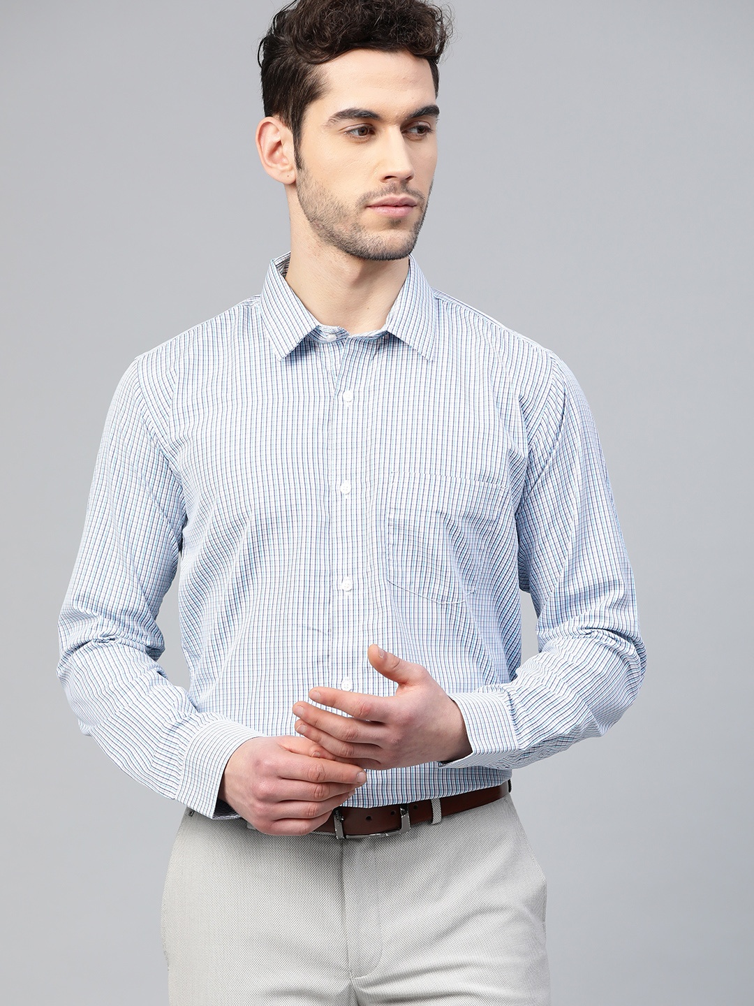 

DENNISON Men White & Blue Slim Fit Checked Formal Shirt