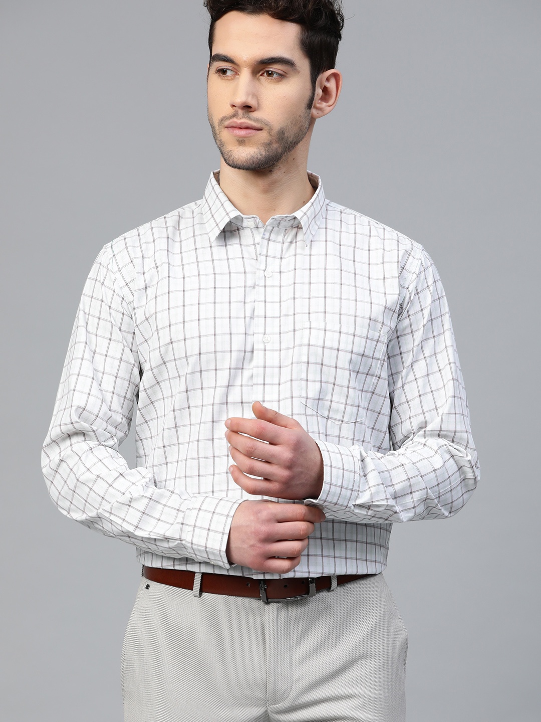 

DENNISON Men White & Green Slim Fit Checked Formal Shirt