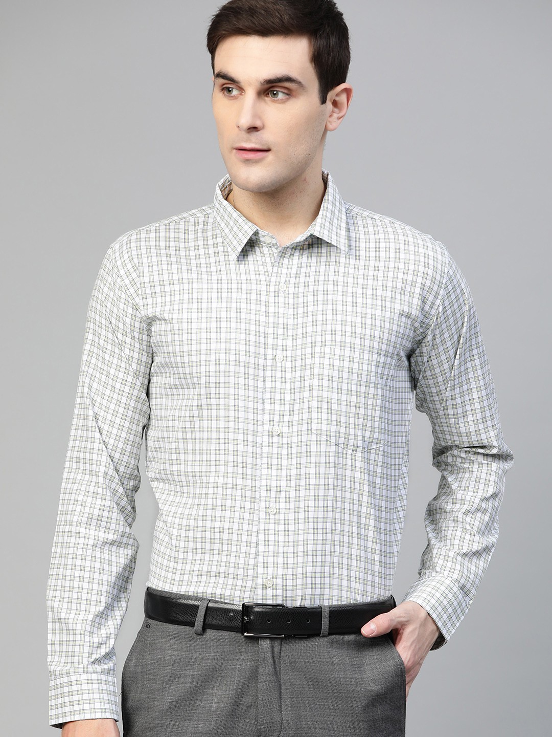 

DENNISON Men White & Yellow Slim Fit Checked Formal Shirt