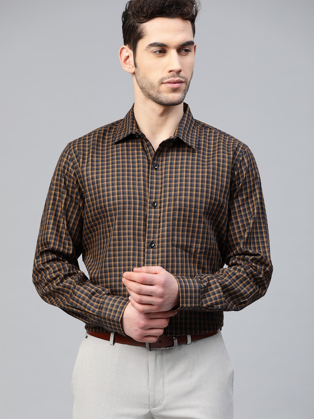 

DENNISON Men Yellow & Black Slim Fit Checked Formal Shirt
