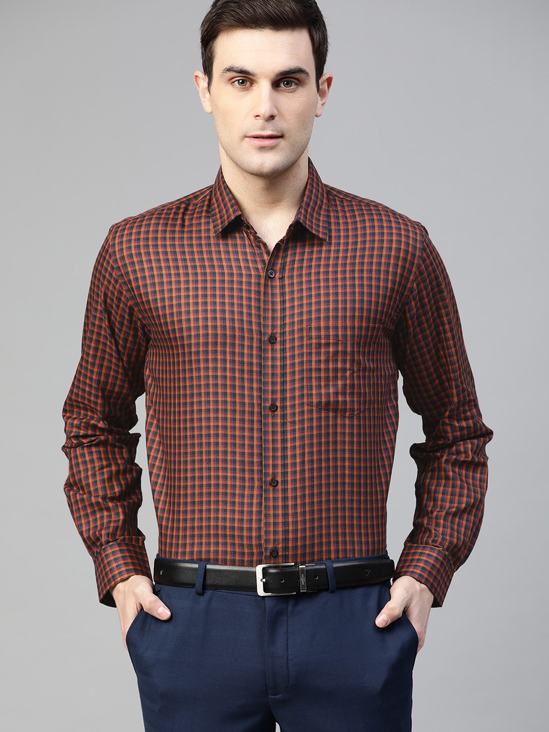 

DENNISON Men Rust Orange & Black Slim Fit Pure Cotton Checked Formal Shirt
