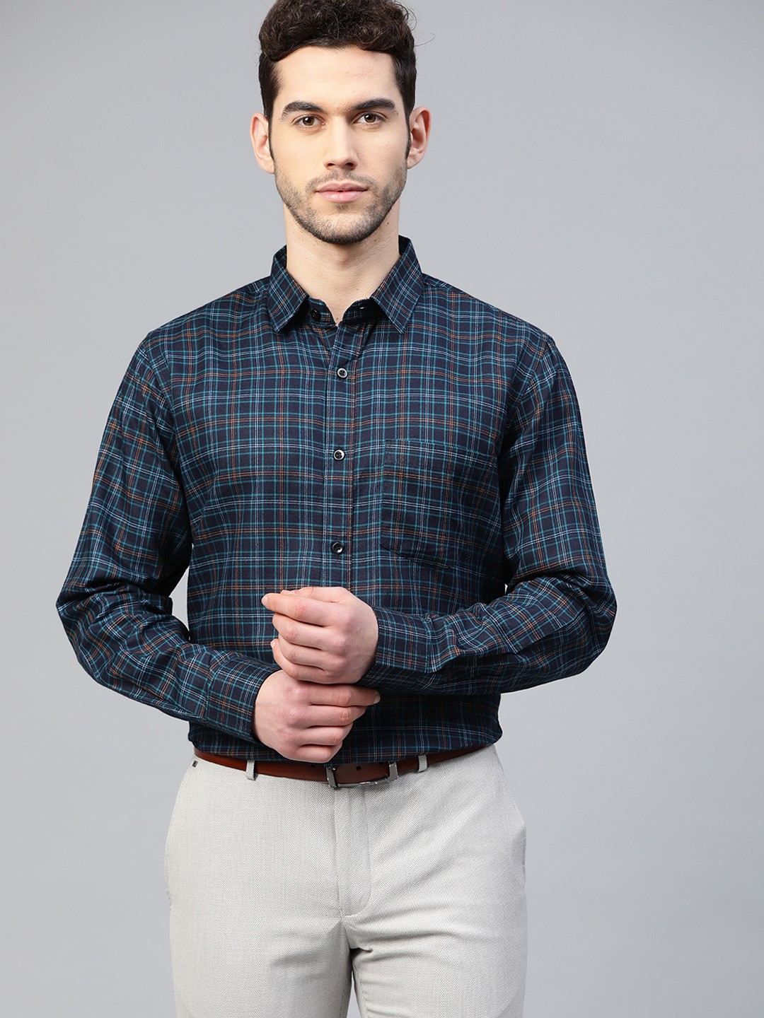 

DENNISON Men Navy Blue & Green Slim Fit Checked Formal Shirt