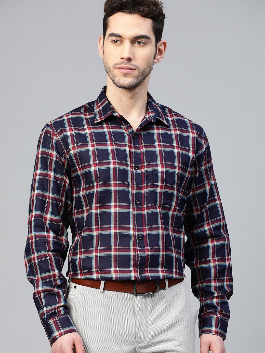 

DENNISON Men Navy & Maroon Slim Fit Checked Formal Shirt, Navy blue