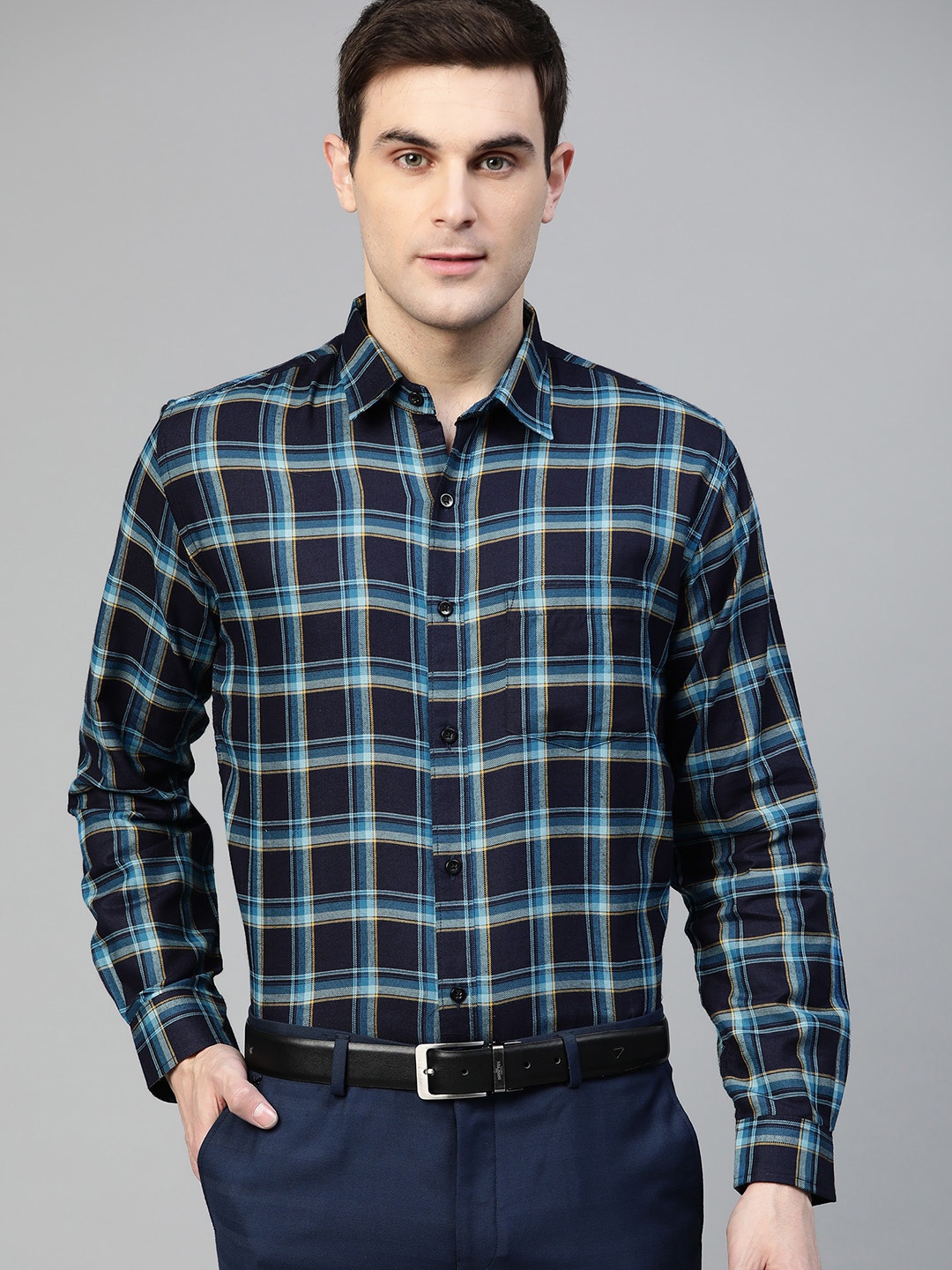 

DENNISON Men Blue Smart Slim Fit Twill Weave Pure Cotton Checked Formal Shirt