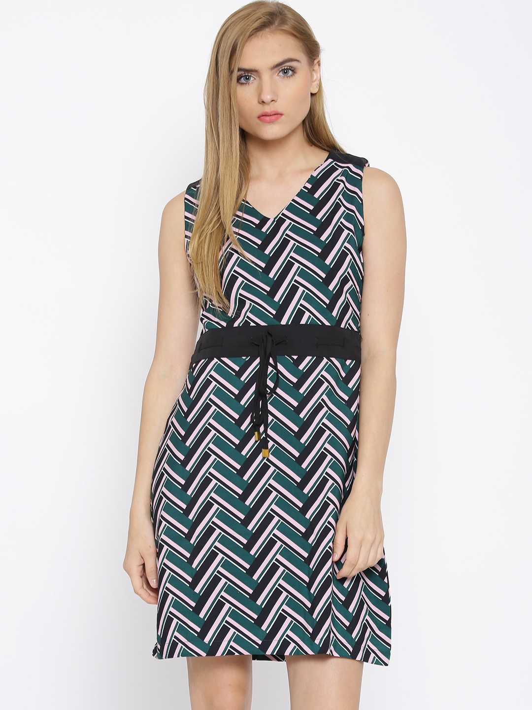 

Tokyo Talkies Green & Pink Polyester Herringbone Print A-Line Dress
