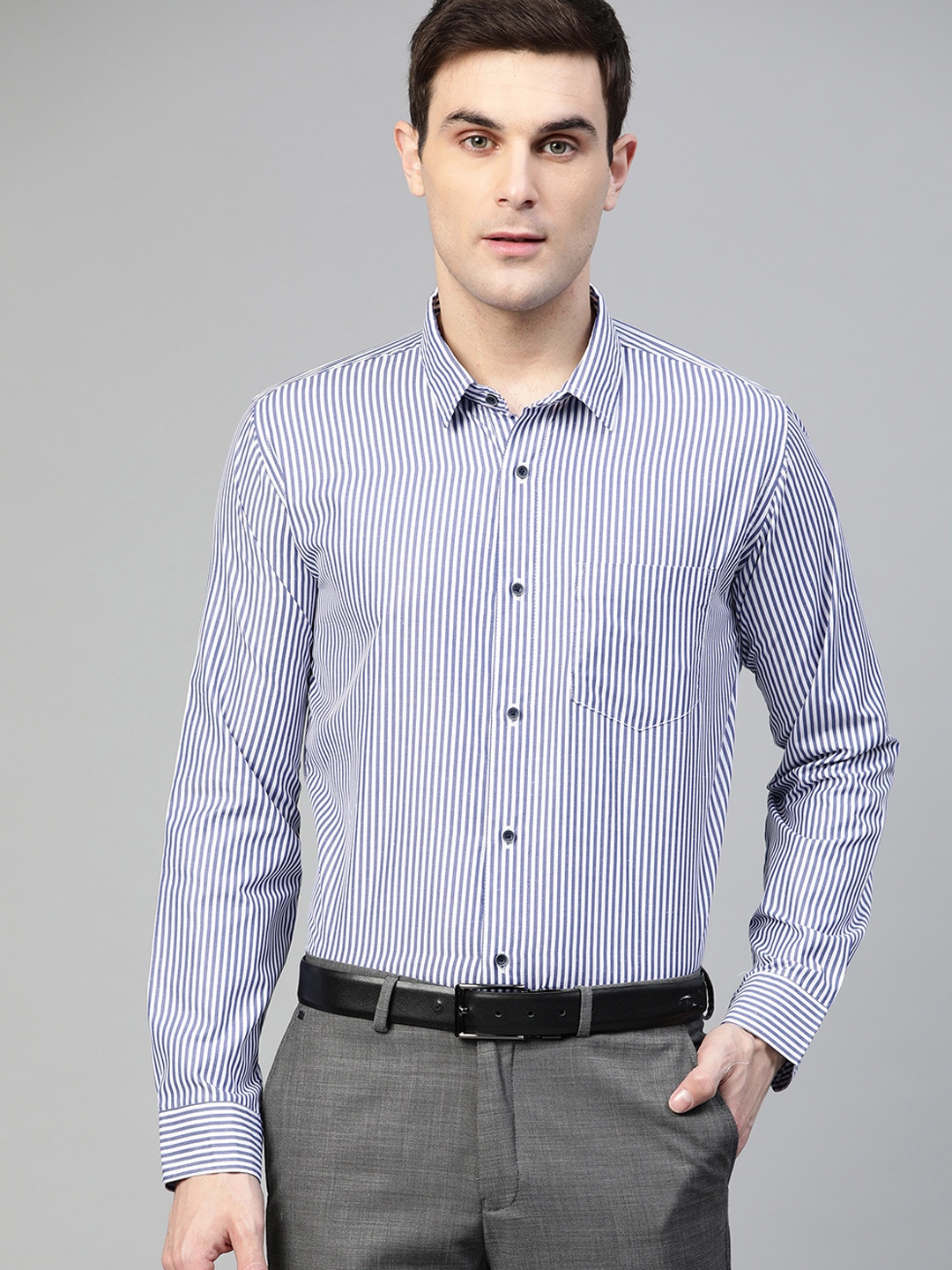 

DENNISON Men White & Blue Smart Slim Fit Twill Weave Striped Formal Shirt