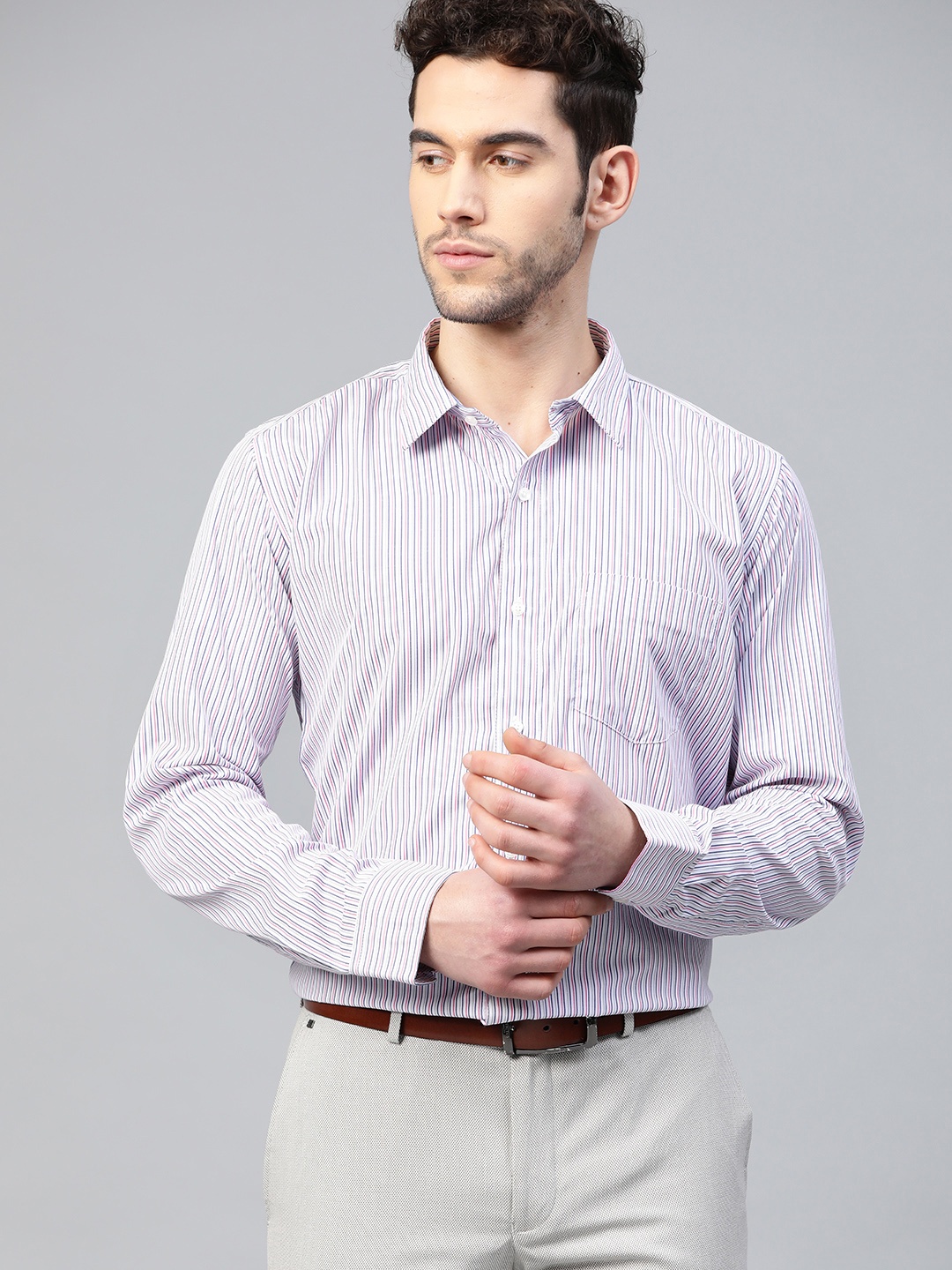 

DENNISON Men White & Pink Slim Fit Striped Formal Shirt