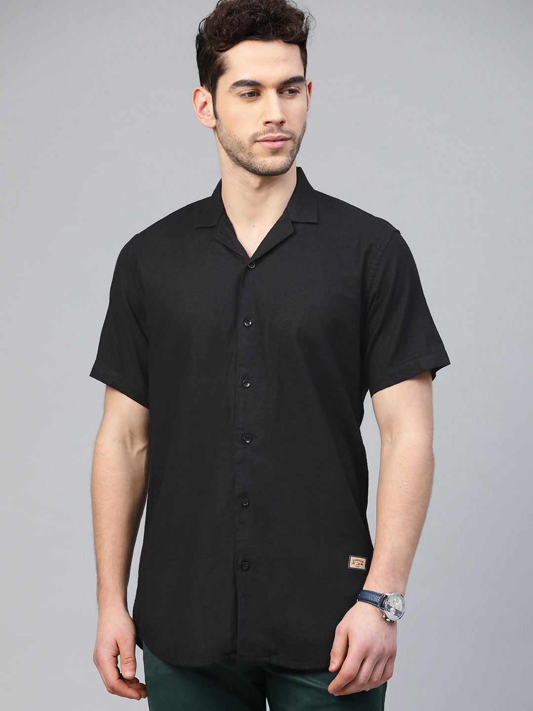 

DENNISON Men Black Smart Slim Fit Solid Cotton Linen Casual Shirt