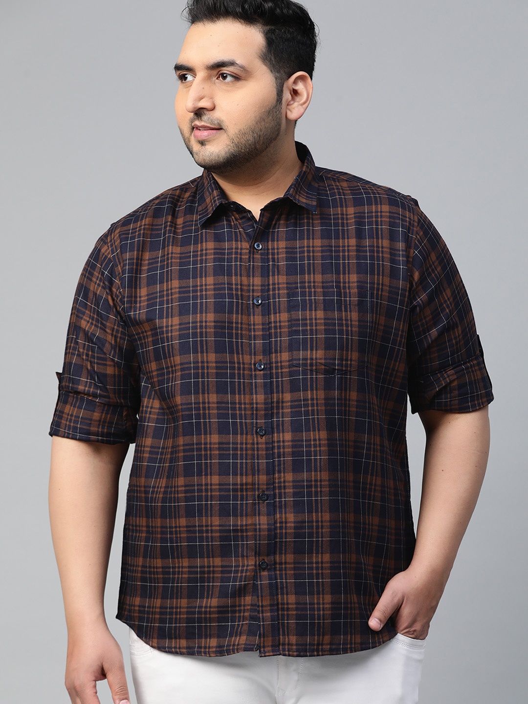 

DENNISON Men Navy Blue & Brown Pure Cotton Slim Fit Checked Casual Shirt